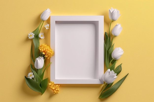 Nahaufnahme eines leeren Fotorahmens mit minimalistischem Hintergrund der Frühlingsblumensaison mit generativer KI