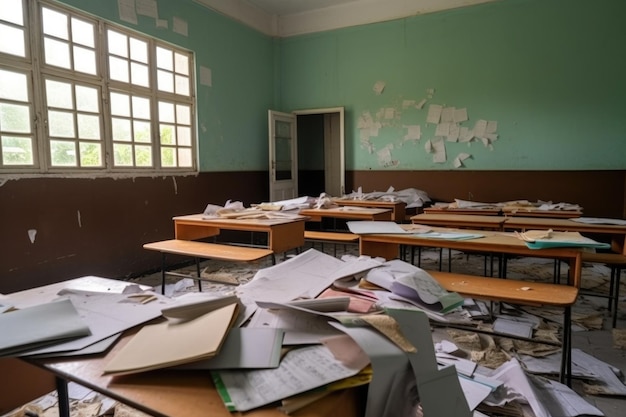 Nahaufnahme eines leeren Klassenzimmers mit Büchern, Papier und Bleistiften auf den Schreibtischen, erstellt mit generativer KI