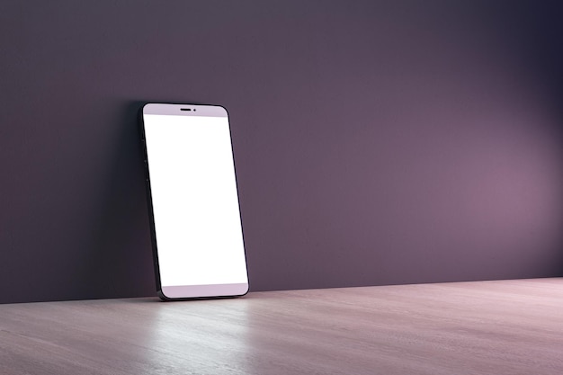 Nahaufnahme eines leeren weißen Mobiltelefons auf dunkler Wand und Holzoberflächenhintergrund Mobiles App-Konzept 3D-Rendering