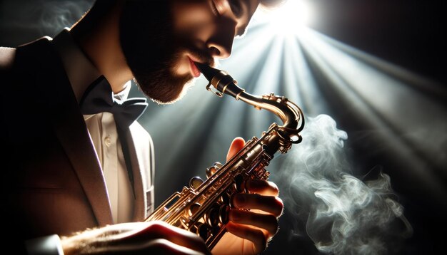 Nahaufnahme eines leidenschaftlichen Saxophonisten, der fesselnde Melodien produziert, während das sanfte Licht eine ruhige und traumhafte Atmosphäre vermittelt