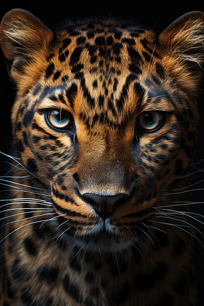 Nahaufnahme eines Leoparden auf schwarzem Hintergrund Porträtfoto