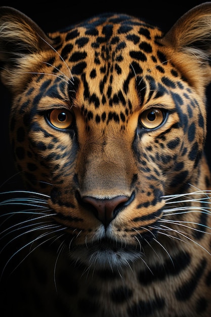 Nahaufnahme eines Leoparden auf schwarzem Hintergrund Porträtfoto