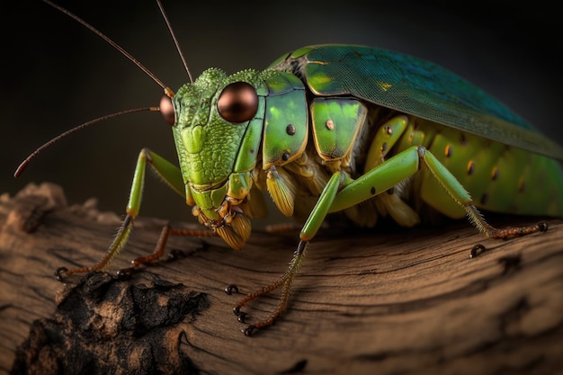 Nahaufnahme eines Lesina sp Käfers auf einem Holzdrachenköpfigen Katydid