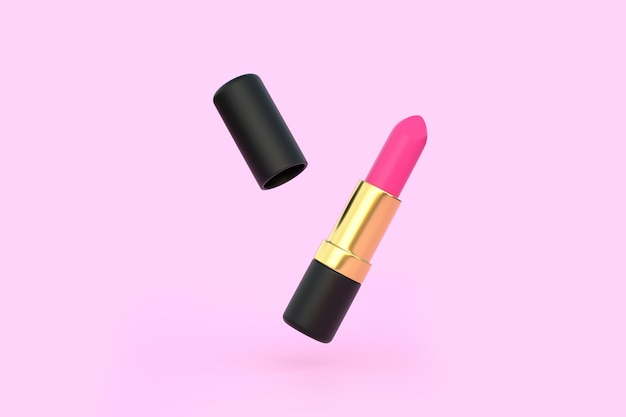 Nahaufnahme eines Lippenstifts, der auf rosa Hintergrund schwebt. Damenkosmetik für professionelles Make-up, 3D-Rendering