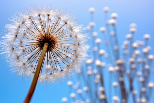 Nahaufnahme eines Löwenzahnkopfes gegen den blauen Himmel