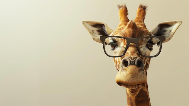 Nahaufnahme eines lustigen Giraffen mit schwarzer Brille Die Giraffe schaut mit einem neugierigen Gesichtsausdruck in die Kamera