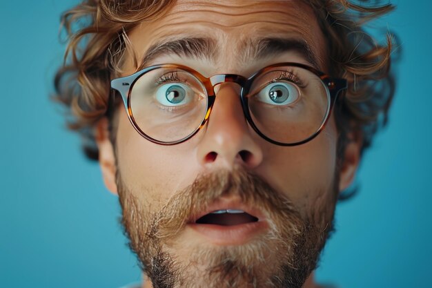 Nahaufnahme eines lustigen Mannes mit Brille auf blauem Hintergrund