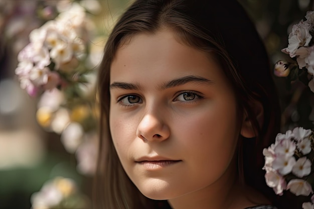 Nahaufnahme eines Mädchengesichts mit Blüten im Hintergrund