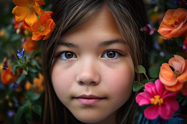 Nahaufnahme eines Mädchengesichts mit bunten Blüten und viel Grün im Hintergrund