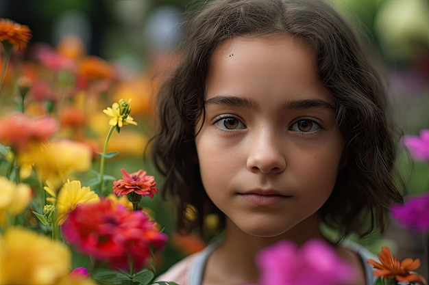 Nahaufnahme eines Mädchengesichts mit einem Garten voller bunter Blumen im Hintergrund