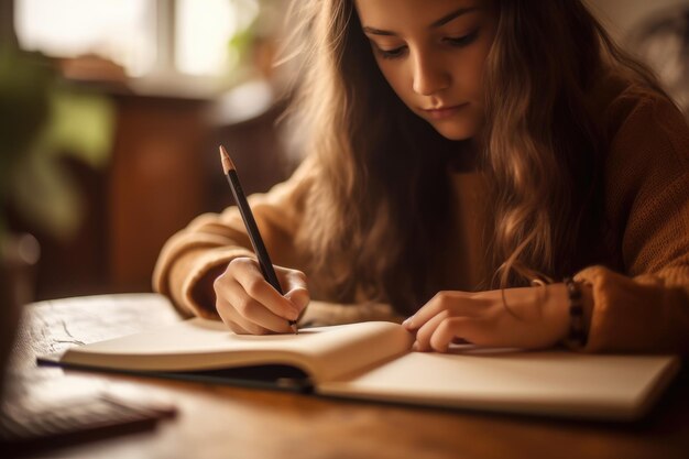 Nahaufnahme eines Mädchens, das auf ihrem brandneuen Notizbuch Generative AI schreibt