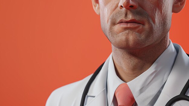 Foto nahaufnahme eines männlichen arztes mit einem stethoskop um den hals er trägt einen weißen mantel und eine rote krawatte der hintergrund ist eine solide orangefarbene farbe