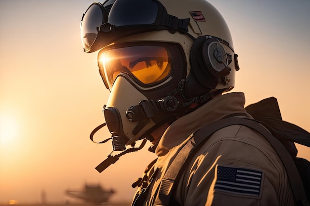 Nahaufnahme eines männlichen Piloten mit Helmmaske und Sonnenbrille Kämpferflugzeug Militärflugzeug ai generativ