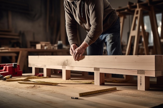 Nahaufnahme eines männlichen Zimmermanns, der einen Holzblock mit Lineal und Bleistift auf einer Holzwerkbank misst