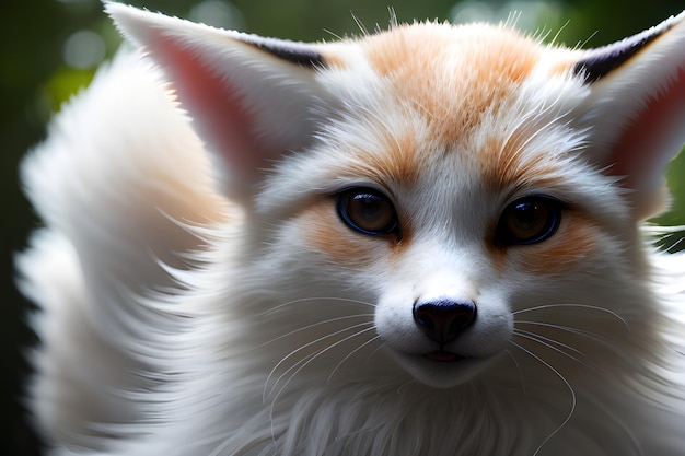 Nahaufnahme eines majestätischen Kitsune-Geistes mit langem Ohr Intensiver Blick eines wilden roten Fuchses