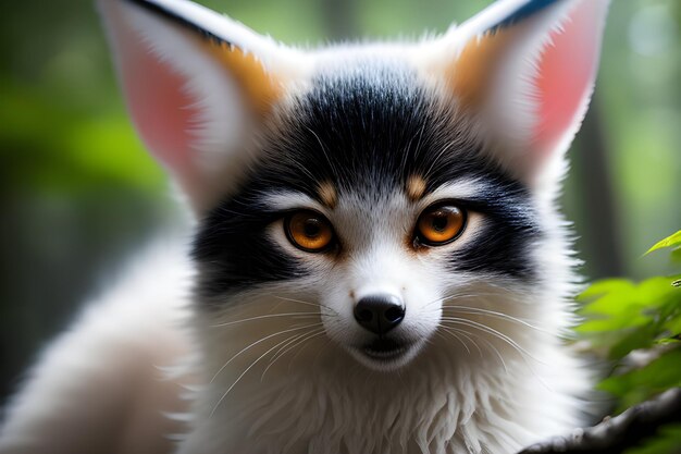 Nahaufnahme eines majestätischen Kitsune-Geistes mit langem Ohr Intensiver Blick eines wilden roten Fuchses