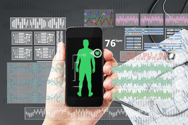 Nahaufnahme eines Mannes, der ein Smartphone in der Hand hält, mit einem abstrakten grünen medizinischen Kardiologie-Hologramm-Schnittstellenbildschirm Online-Gesundheitsversorgung und zukünftiges Konzept Doppelbelichtung