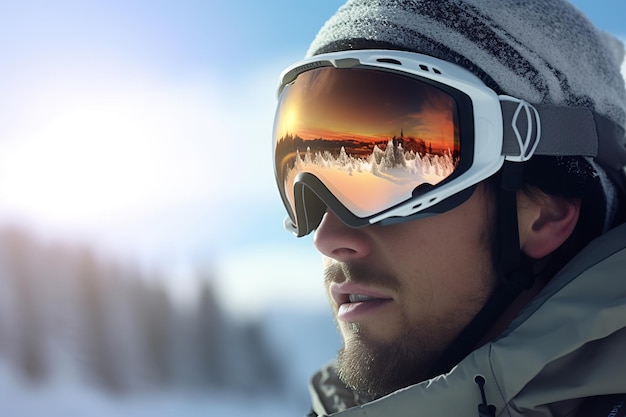 Nahaufnahme eines Mannes, der eine Skibrille trägt, mit der Reflexion schneebedeckter Berge am Sonnenaufgang