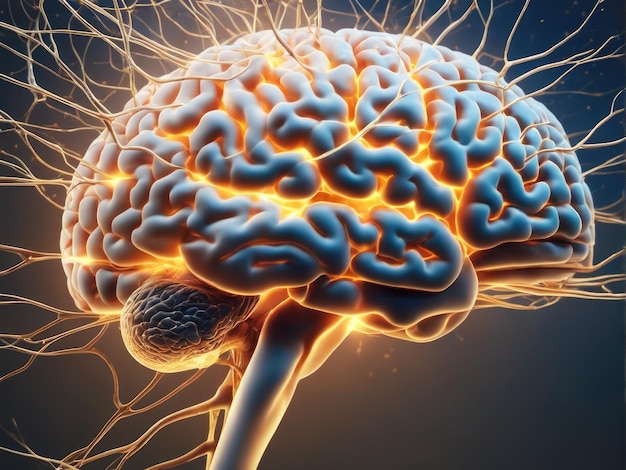 Nahaufnahme eines menschlichen Gehirns mit feuernden Neuronen und neuronalen Erweiterungen