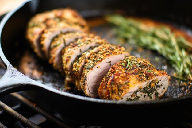 Foto nahaufnahme eines mit kräutern überzogenen schweinehirns in einer nicht klebenden bratpfanne