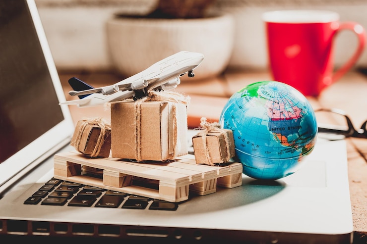 Foto nahaufnahme eines modellflugzeugs mit kisten und globus auf einem laptop