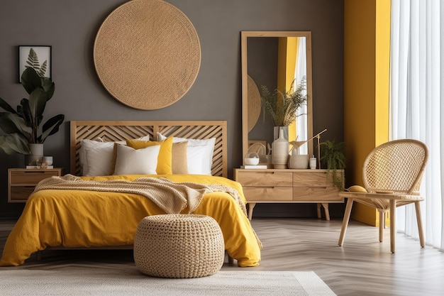 Nahaufnahme eines Modells eines modernen skandinavischen Holzschlafzimmers mit gelb getönten Rattanmöbeln, einem Doppelbett mit Bettdecke und Kissen, einem Spiegel und einer Dekorationsidee für eine Inneneinrichtung