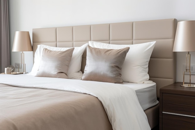 Nahaufnahme eines modernen Bettes mit beiger Bettwäsche in einem möblierten Schlafzimmer