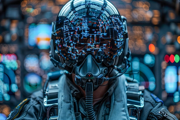 Nahaufnahme eines modernen Jagdpilotenhelms mit fortschrittlichem Heads-Up-Display im Cockpit-Hintergrund