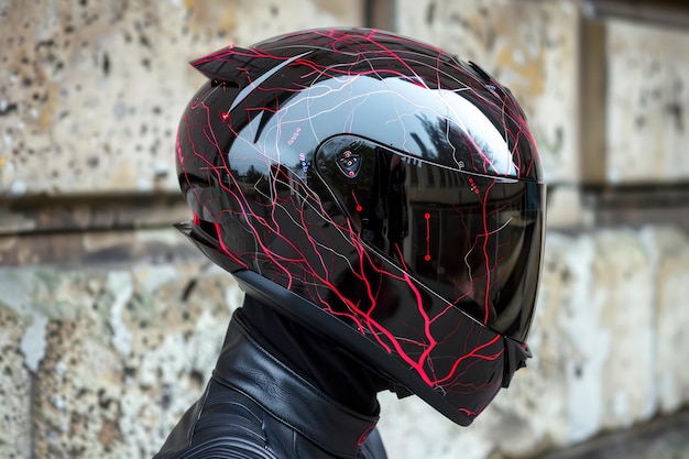 Nahaufnahme eines Motorradhelms mit futuristischem rot-schwarzem Design auf Rider Outdoors