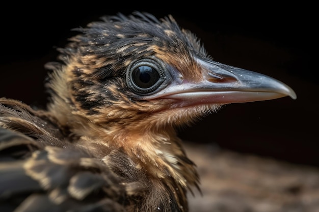 Nahaufnahme eines neugeborenen Vogels mit seinem winzigen Schnabel und offenen Augen, erstellt mit generativer KI