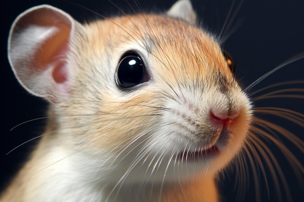 Nahaufnahme eines neugierigen Gerbils auf schwarzem Hintergrund