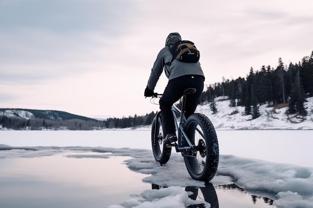 Nahaufnahme eines nicht wiederzuerkennenden Mannes, der eine fette Winterradtour entlang eines Pfades am Rande genießt