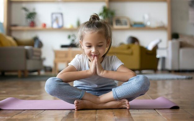 Nahaufnahme eines niedlichen kleinen Mädchens, das Yoga macht Sport Entspannung und Meditation Konzept Gesunde Kindheit