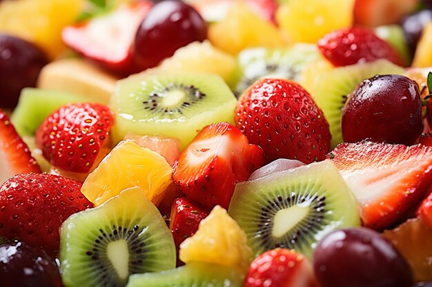 Nahaufnahme eines Obstsalats mit verschiedenen Beeren und Melonenkugeln