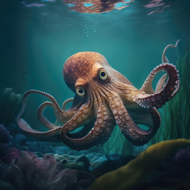 Nahaufnahme eines Oktopus, der unter Wasser schwimmt und mit generativer KI-Technologie erstellt wurde