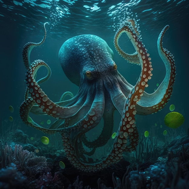 Nahaufnahme eines Oktopus, der unter Wasser schwimmt und mit generativer KI-Technologie erstellt wurde