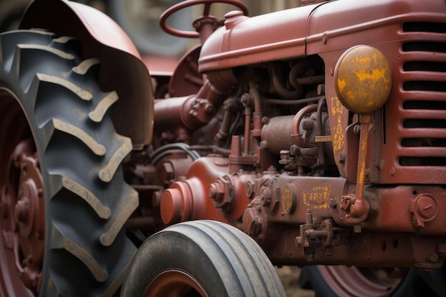 Nahaufnahme eines Oldtimer-Traktors mit seiner Metall- und Gummiaußenseite im Fokus, erstellt mit generativer KI