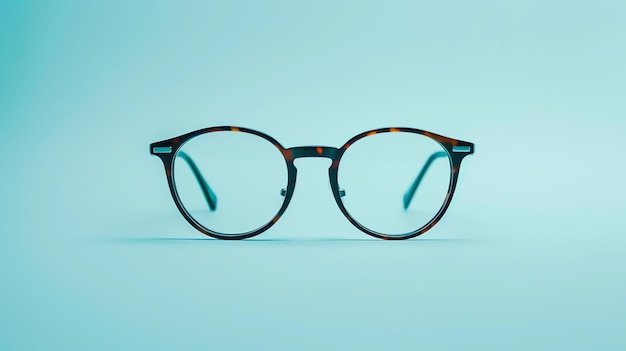 Nahaufnahme eines Paar brauner Plastikrahmenbrillen vor einem blassen blauen Hintergrund
