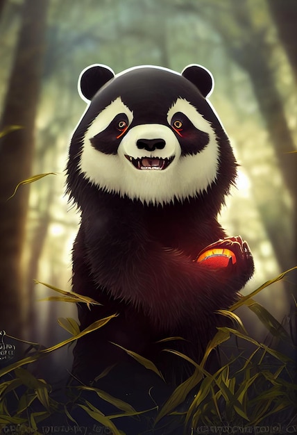 Nahaufnahme eines Pandabären mit rotem Apfel im Hintergrund, generative KI