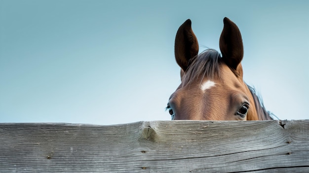 Nahaufnahme eines Pferdes, das hinter einem horizontalen Holzbrett auf einem blassblauen Hintergrundbanner hervorschaut