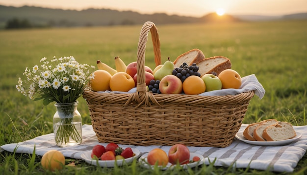 Nahaufnahme eines Picknickkorbes mit Obst, Nahrung, Brot und Blumen auf einer von KI generierten grünen Wiese
