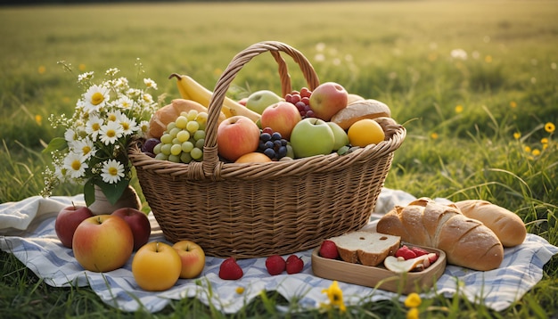 Nahaufnahme eines Picknickkorbes mit Obst, Nahrung, Brot und Blumen auf einer von KI generierten grünen Wiese