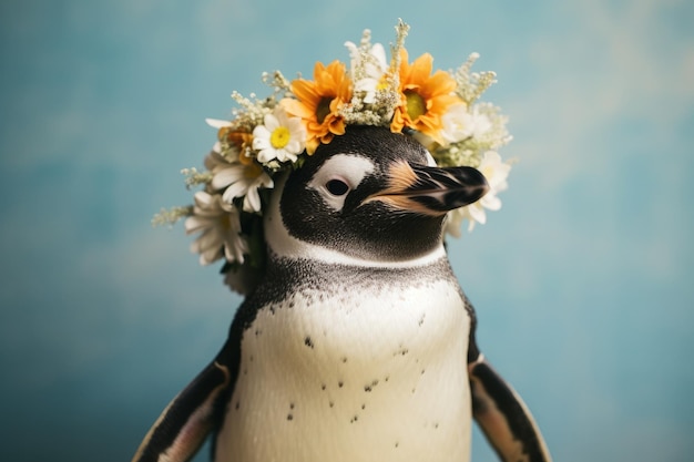 Nahaufnahme eines Pinguins mit Blumenkrone auf ihr