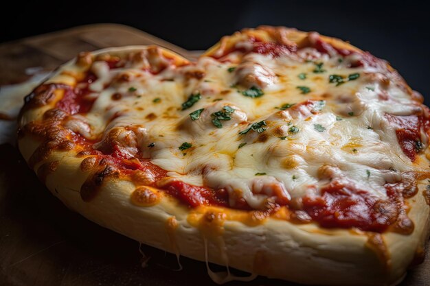 Nahaufnahme eines Pizzaherzens mit geschmolzenem Käse und Tomatensauce sichtbar