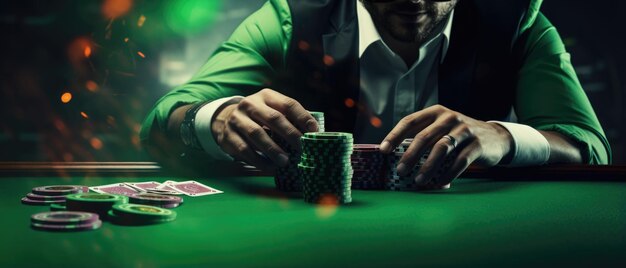 Nahaufnahme eines Pokerspielers am grünen Casino-Tisch – lebendige Unterhaltung