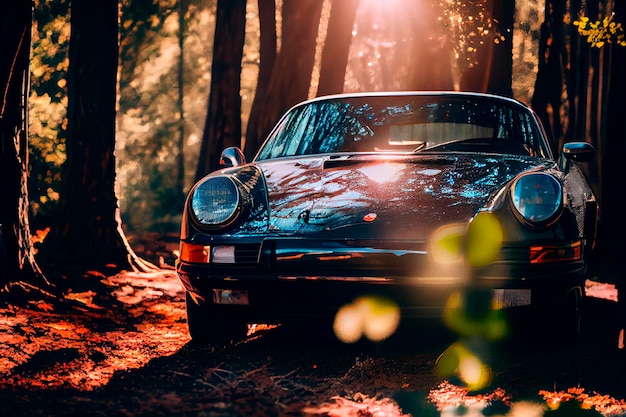 Nahaufnahme eines Porsche im Wald, strahlende Sonne