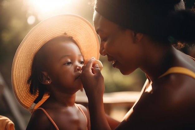 Nahaufnahme eines Porträts einer glücklichen afroamerikanischen Mutter und ihrer entzückenden kleinen Tochter mit Strohhüten. Generative KI