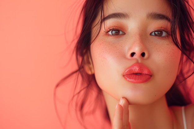 Nahaufnahme eines Porträts einer jungen Frau mit makelloser Haut und kräftigen roten Lippen auf einem lebendigen rosa Hintergrund