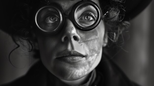 Foto nahaufnahme eines porträts einer jungen frau mit steampunk-brille, die mit einem ernsten gesichtsausdruck in die kamera schaut