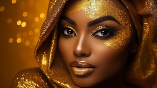 Nahaufnahme eines Porträts einer schönen afrikanischen Frau mit kreativem Gold-Make-up und Turban
